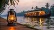 © Enjoy - Serene evening in Kerala backwaters with glowing lantern and houseboat reflecting on water