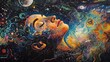 © Nuriya - Vibrant Abstract Portrait of a Woman' Profile Merged with Cosmic Patterns, Stars, and Nebulae, Representing Consciousness and Universal Connection
