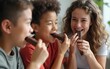© fu - Happy caucasian family eating chocolate bar together. High quality