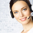 © vgstudio - Contact Call Center Service. Customer support sale agent. Callcenter caller phone operator saleswoman woman wear headset with microphone. Against white bricks wall background. Square image
