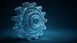 © free - Blue digital wireframe gear rotates in cyberspace.