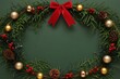 © LovelyRani - Festive christmas wreath with golden baubles pinecones and a red bow on a deep green background