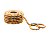 Thick natural fiber rope coiled with two loops isolated on transparent background