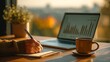 © ryan - Minimal office desk with woman’s hand writing notes beside laptop showing colorful data charts, sunlight reflection on surface, clean modern workspace with empty space for text overlay.