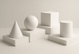 White shapes cone, sphere, cube, and cylinder arranged on white blocks in a soft-lit, neutral studio setting.