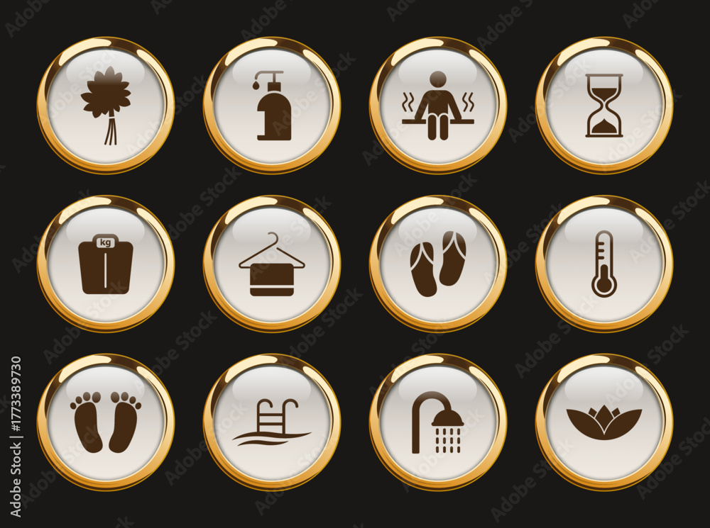 spa and sauna gold rimmed vector icons. spa and sauna icon set for web ...