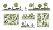 © Stock Image Zone - Hand-drawn illustrations showcasing diverse urban park designs and public space activities with people enjoying nature