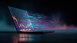 © Mangsaab - Modern laptop on a dark background with glowing screen, colorful data streams, light trails, and dynamic particles symbolizing technology and innovation.
