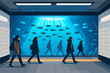 © Razelion - People walking through aquarium tunnel surrounded by blue marine life symbolizing wonder exploration and calm