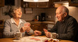 © Lexi - Elderly couple playing cards and smiling at kitchen table in evening