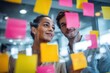 © ttonaorh - Group of young professionals collaborating during brainstorming session, using colorful sticky notes on glass wall in modern office.