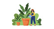 © Reginald - A cheerful young woman in a straw hat and blue overalls is tenderly watering a vibrant green houseplant in a terracotta pot, surrounded by lush indoor greenery.