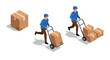 © Ophelia - Isometric delivery workers with hand trucks and packages on white background