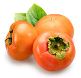 Ripe persimmon or kaki fruits with leaf on white background. File contains clipping paths.