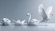 © Navaporn - Creative representation of transformation through paper art, showcasing crumpled ball, paper boat, paper swan, and swan in flight