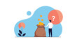 © Tahomina - A person stands contemplating a money bag filled with gold coins, with a large question mark above their head, symbolizing financial uncertainty and decision-making.
