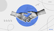 © accogliente - Trendy Halftone Collage with Human Hands Shaking. Contemporary art collage. Concept of business, success, teamwork. Deal agreement. Partners work together. Cooperation concept. Paper design elements