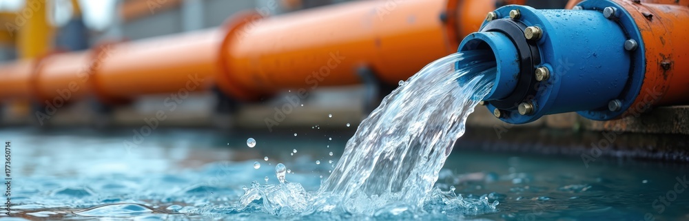 Industrial pipe transports water outdoors. Clear liquid streams from ...