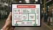 © AiDesign - Emergency exit plan displayed on tablet device showing evacuation routes inside industrial factory representing safety management and risk preparedness concept