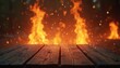 © miss irine - Empty wooden table stands ready against fiery backdrop. Flames dance creating intense heat. Rustic wood provides contrast with bright orange, red tones. Ideal for culinary presentations, advertising