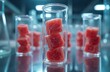 © miss irine - Cubes of red lab grown meat stacked inside glass test tubes in a sterile research lab. Future food production experiment with cultured protein samples for vegan meals.