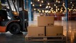 © Design Stock - Forklift truck in a warehouse preparing to move stacked cardboard boxes on a wooden pallet under atmospheric lighting