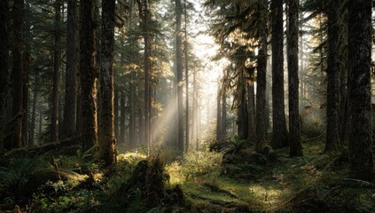  Sunlight streams through a dense forest