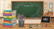 © Chainarong - Warm classroom scene for Teacher's Day, featuring a decorated blackboard, stacked colorful books, pencils, and essential school supplies