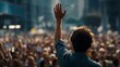 © mehaniq41 - Man with stands amid crowd, raising hand passionately. Soft lighting and blurred background enhance atmosphere of solidarity and protest. Early evening setting. Neural network AI generated