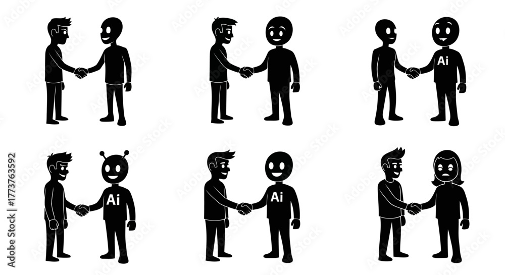 AI Handshake Vector Set. Man Shaking Hands with Robot. Artificial ...