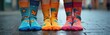 © miss irine - Three people stand wearing colorful socks. Socks bright with patterns. Feet on pavement symbolize unity, support diversity. International Down Syndrome Day celebration for inclusion. Stand together