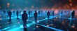 © miss irine - Abstract network of people silhouettes connected by glowing lines. Digital data flows between individuals in a futuristic grid. Business or social connections visualized in dark blue and orange.