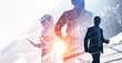 © ImageFlow - Silhouettes of business people overlaid with financial data and charts, modern graphic style, abstract light background, concept of teamwork and finance
