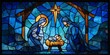 © Rifqi - Stained glass art depicting the Nativity scene with Mary, Joseph and baby Jesus, concept for religious illustration, holiday season greeting cards and church decoration