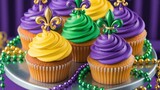 Mardi gras cupcakes with fleur de lis toppers on a silver stand with beaded necklaces around it