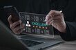 © Vatcharachai - Businessman evaluating employee performance using digital checklist and rating interface with excellent five-star review, representing quality assessment, success, and professional feedback.