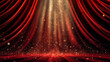 © foto Art - Luxurious red velvet stage curtain softly lit by spotlight beams with glowing golden dust, dramatic and elegant theater background ideal for show or cinematic presentation use