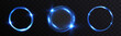 © NAUM - Set of blue glowing circular light rings with energy flow on transparent background, luminous neon round swirl shapes, futuristic glowing halo design elements.