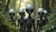 © miss irine - Group of grey aliens emerge from dense green forest foliage. Extraterrestrial beings stand close together, observing their surroundings. Mysterious creature encounter in nature setting.