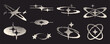 © klyaksun - Y2k style pixel star icon set with sparkle elements and halftone gradients on dark background. Retro digital graphics - orbiting stars, decorative bursts and abstract shapes for nostalgic web design.