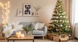 © CreativeStudio - A modern luxury living room with a fireplace, Christmas tree, sofa, and armchairs featuring interior design and festive decorations