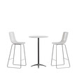 © pikopixel - modern bar table set with two white high chairs and a round metal table, viewed from the front angle. Minimalist furniture for dining, cafe, or kitchen interior.