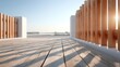 © Wendy - Golden Hour Sunlight Filters Through Vertical Wooden Slats Casting Long Shadows on a Textured Wooden Deck with White Architectural Elements and a Distant Horizon Under a Clear Blue Sky