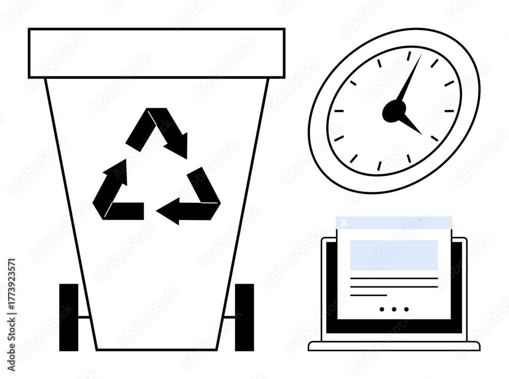 Recycling bin with recycling sign, clock showing time, open laptop with ...