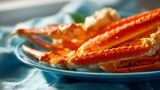 Cooked seafood crustaceans are arranged attractively on a light blue dish.