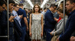 © Evgenii Starkov - Young woman in floral dress stands out in a crowded, bustling subway train during morning commute.