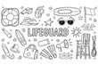 © supplement - Lifeguard equipment doodles: beach whistle, surfboard, lifebuoy, and sun elements