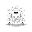 © Mudasser - A cartoonish monster with a large toothy grin sitting on a dripping cake stand with cupcakes nearby