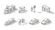 © markusmiller - Isometric urban transport: trains, electric cars, scooters, and bicycle elements