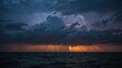 © Sona - Stormy sky with lightning over the ocean at sunset. Nature and weather scene. Dark clouds and dramatic atmosphere. The concept of weather phenomena and natural landscapes.